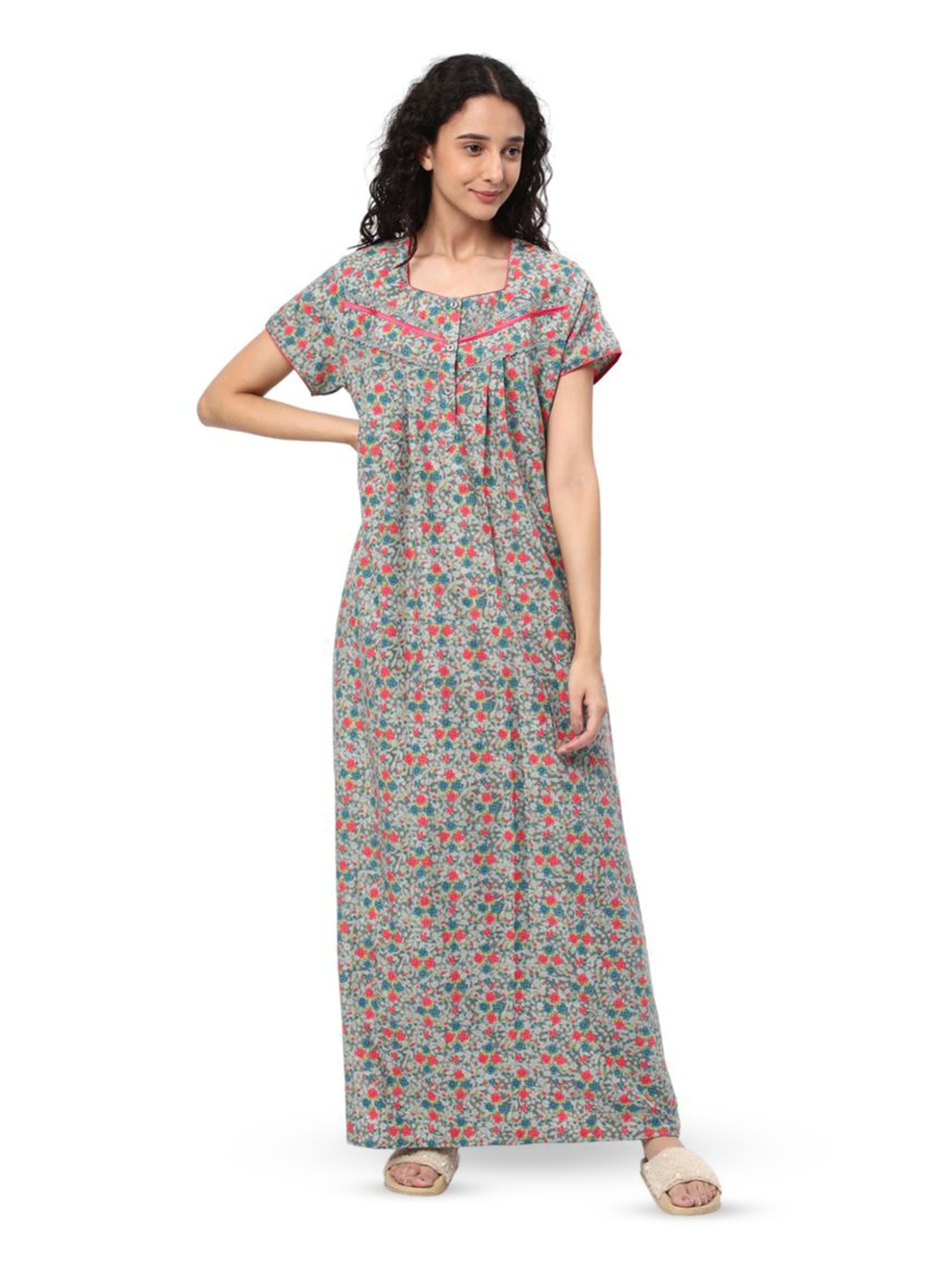 

KOVIRA Women Printed Maxi Nightdress, Grey melange