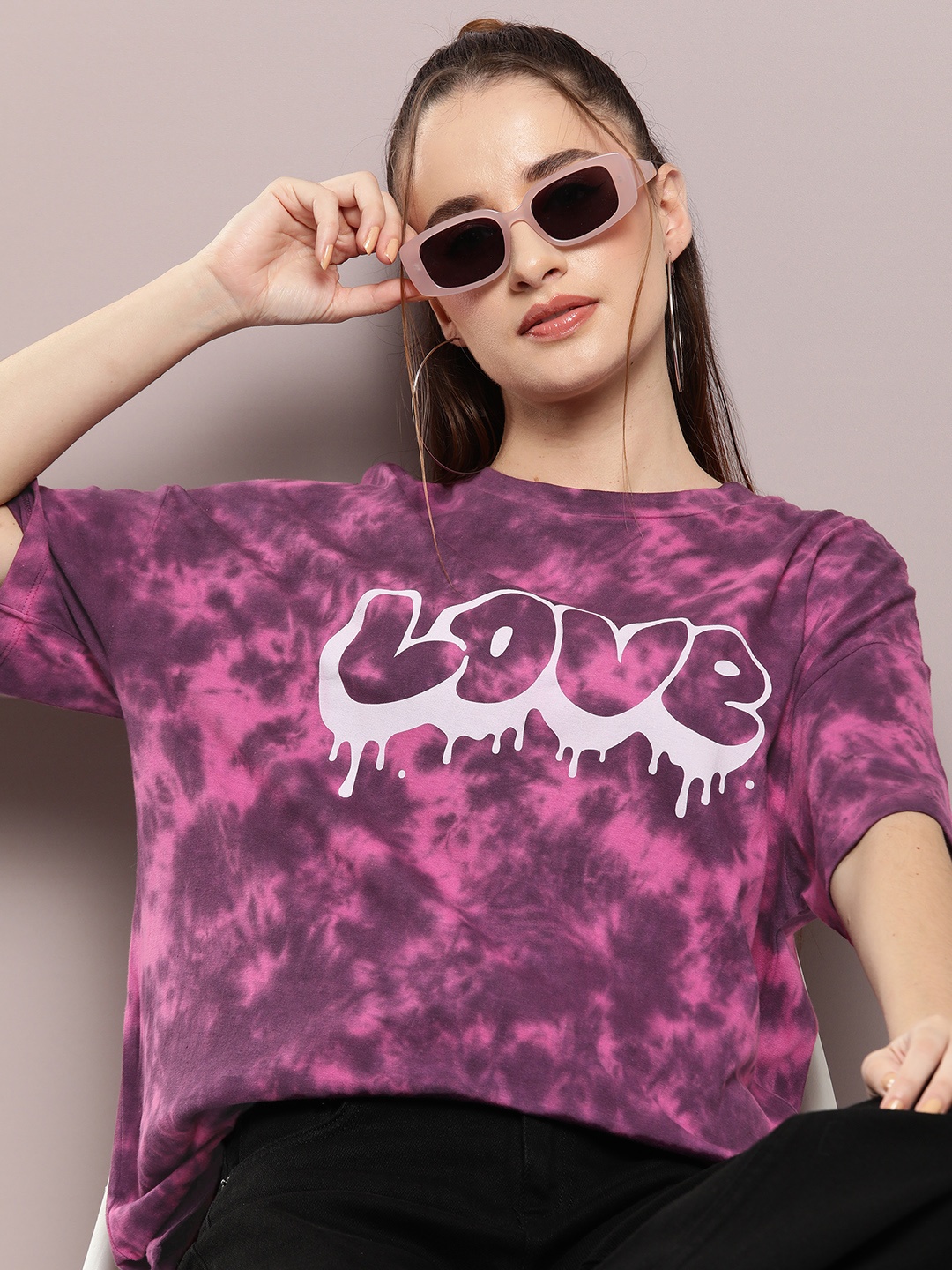 

Kook N Keech Tie-Dye Printed Drop-Shoulder Sleeves Pure Cotton Oversized T-shirt, Purple