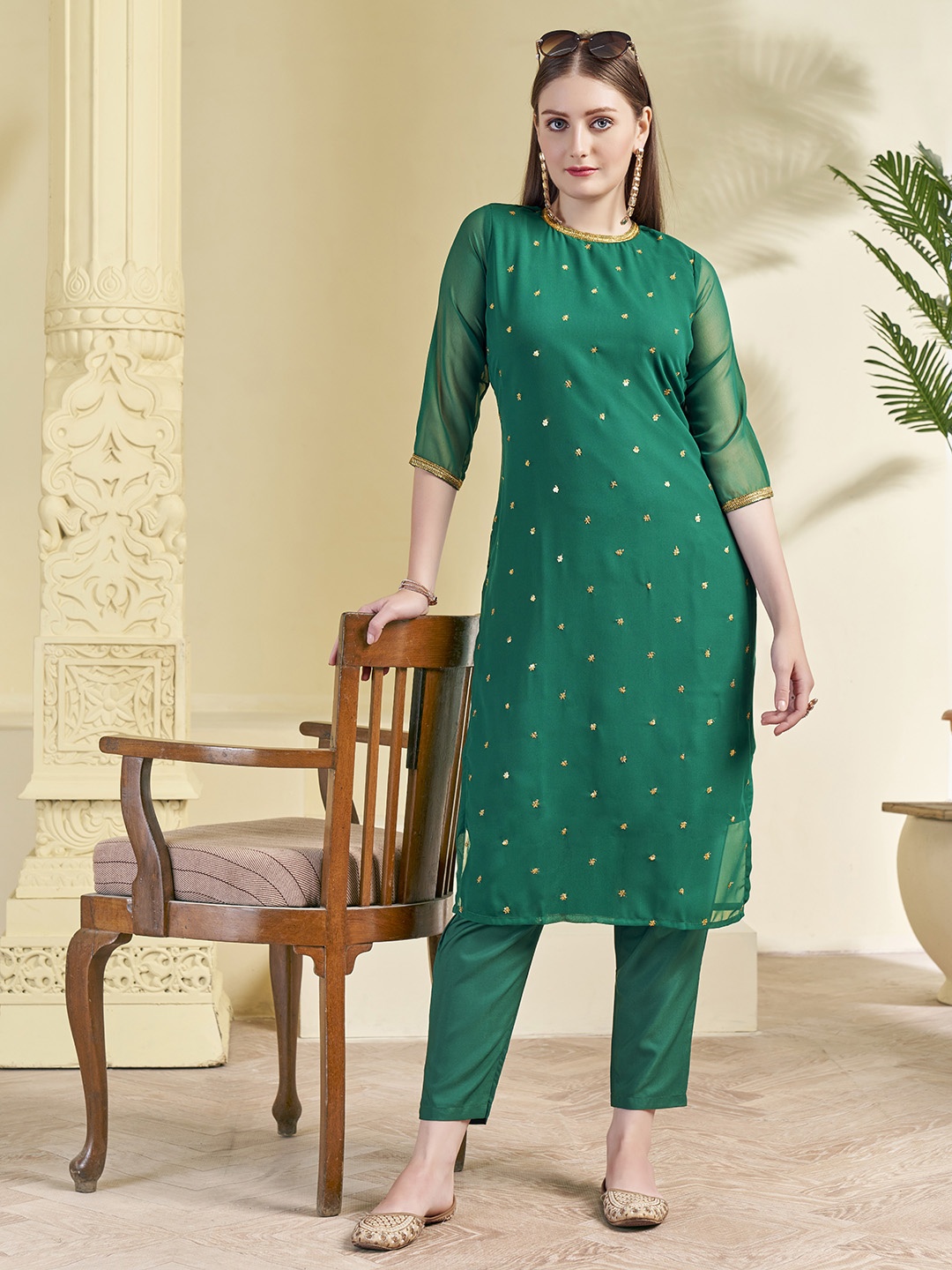 

KALINI Floral Embroidered Thread Work Straight Kurta With Trousers, Green