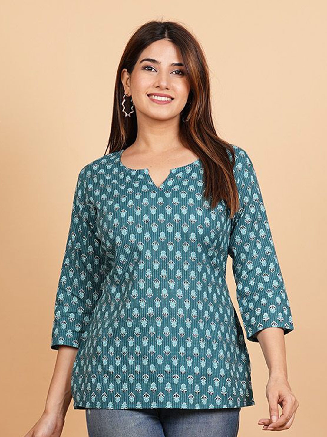 

TOP 2 BOTTOM Women Floral Printed Notched Round Neck Pure Cotton Kurti, Teal