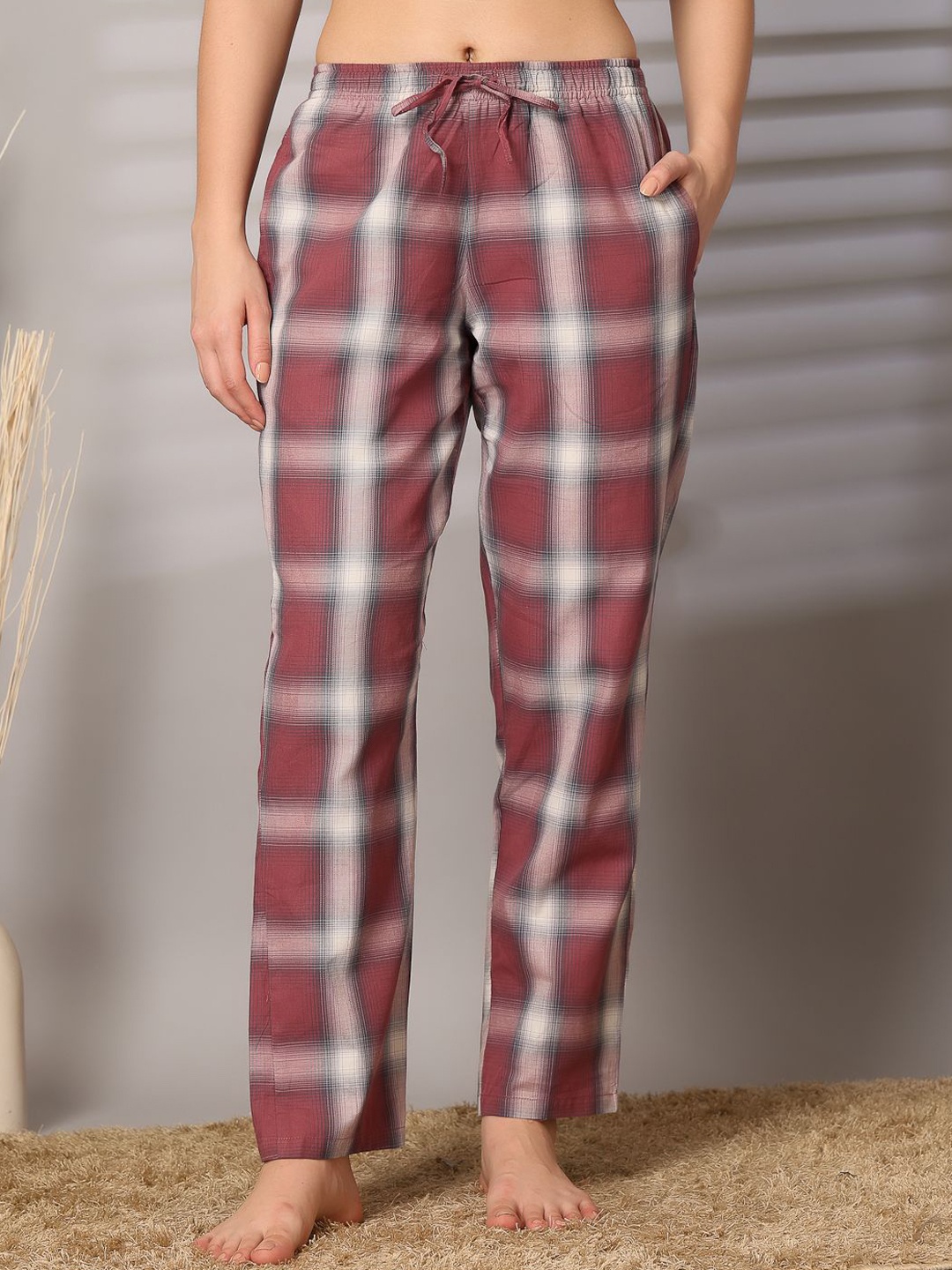 

ETC Women Checked Cotton Lounge Pants, Maroon