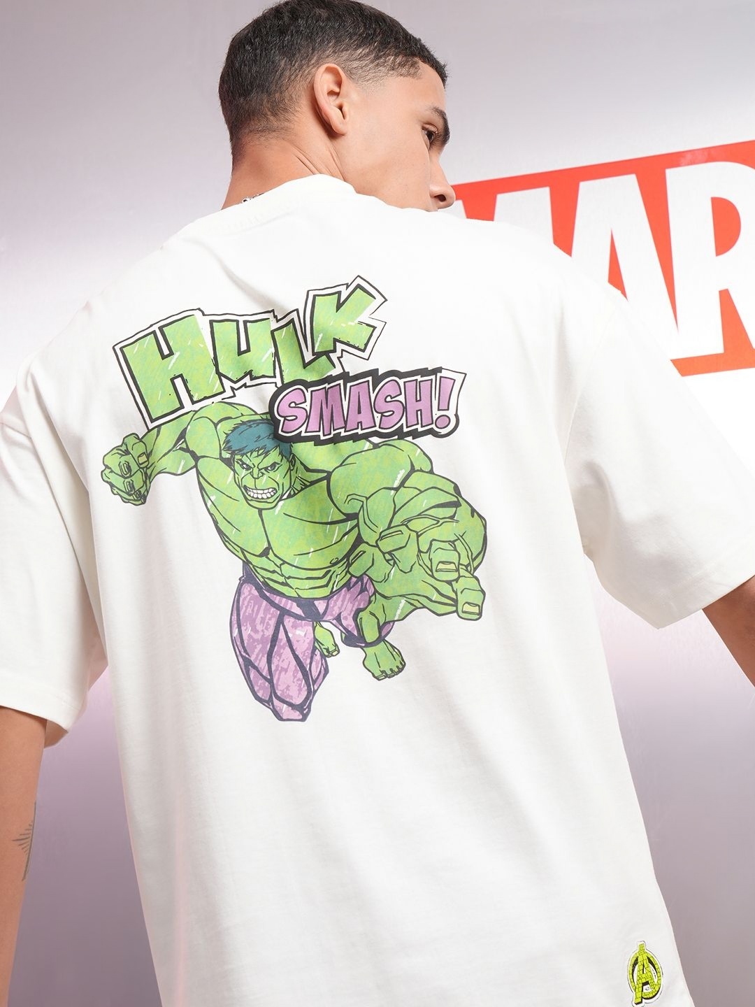 

HIGHLANDER Marvel Men Hulk Round Neck Oversized Drop Shoulder Tshirt, Off white