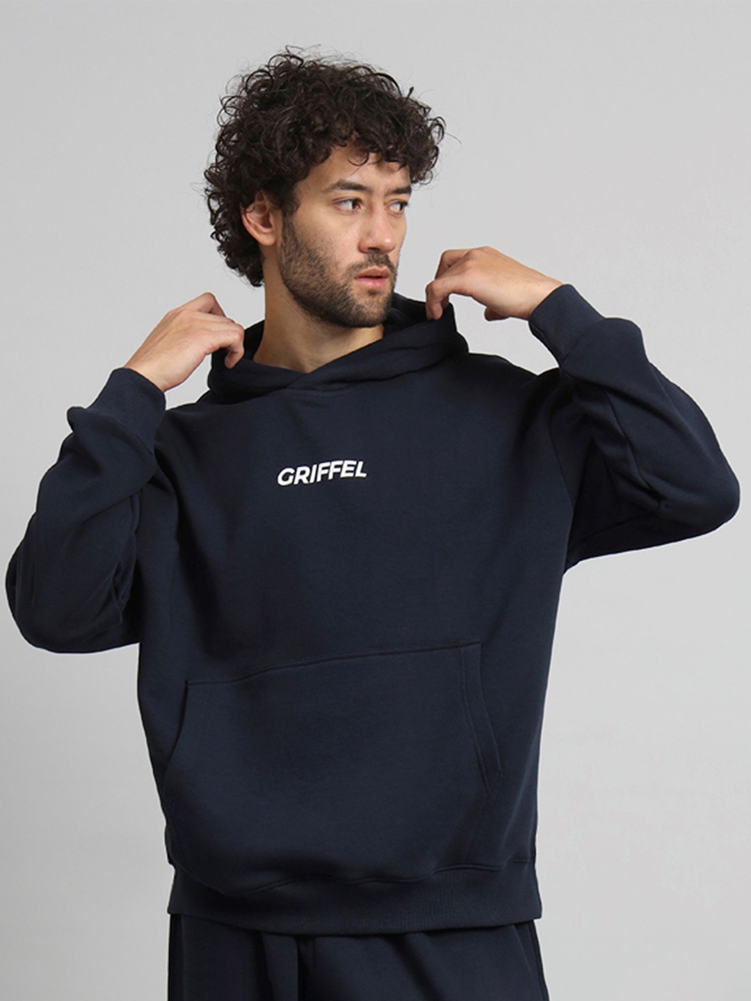 

GRIFFEL Men Typography Printed Hood Fleece Pullover Sweatshirt, Navy blue
