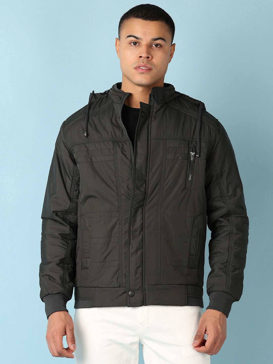 

V-Mart Men Hooded Solid Cotton Casual Bomber Jacket, Green