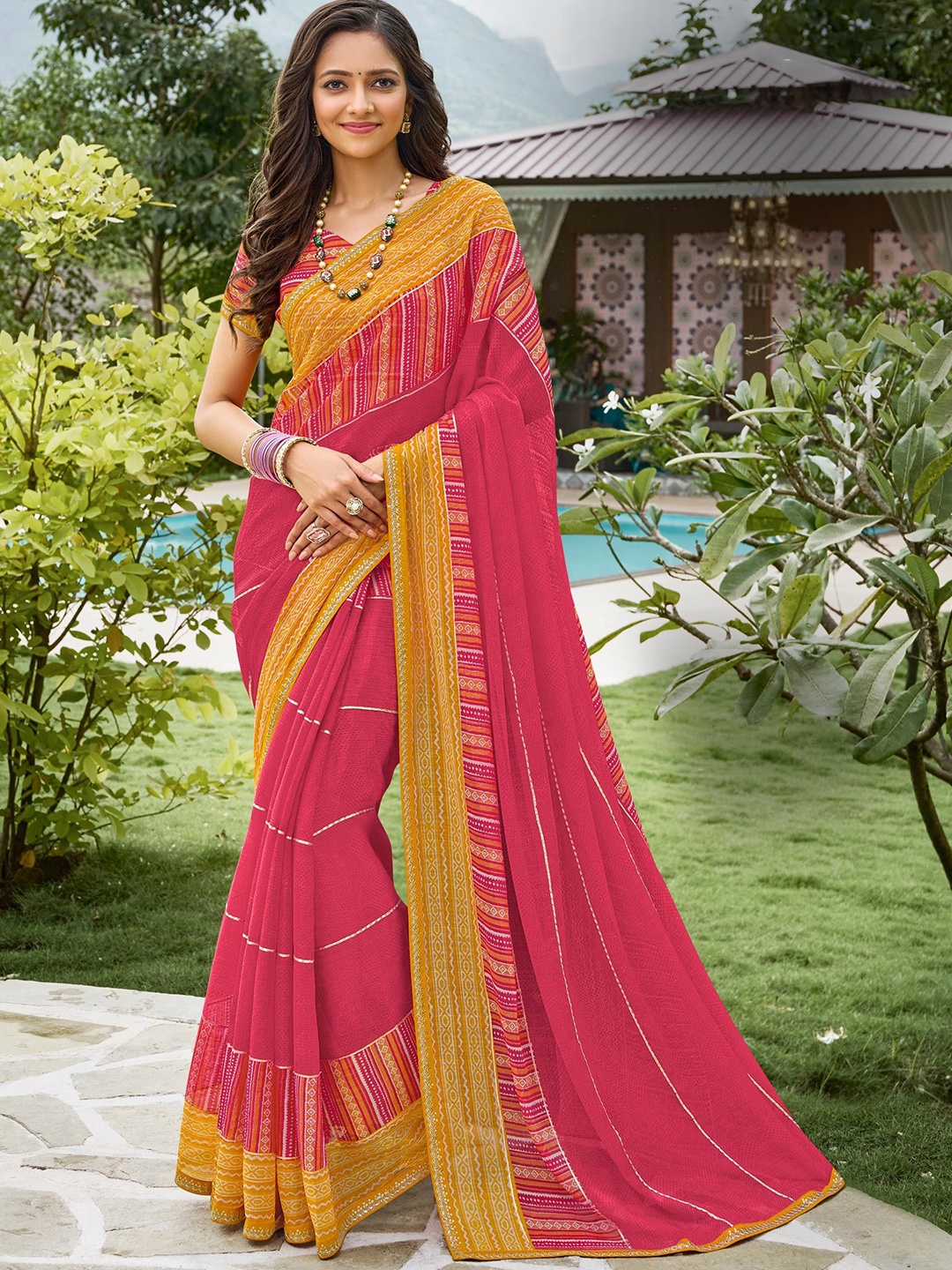 

Laxmipati Striped Embroidered Poly Chiffon Saree, Pink