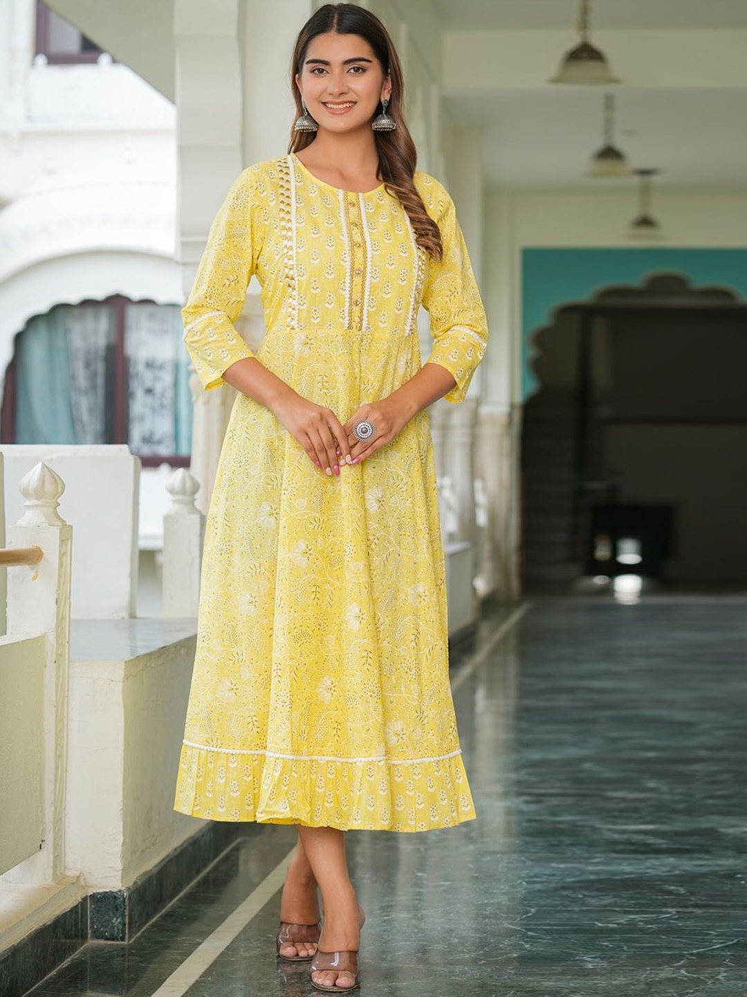 

YASH GALLERY Floral Printed Round Neck Three-Quarter Sleeves Cotton Dress, Yellow