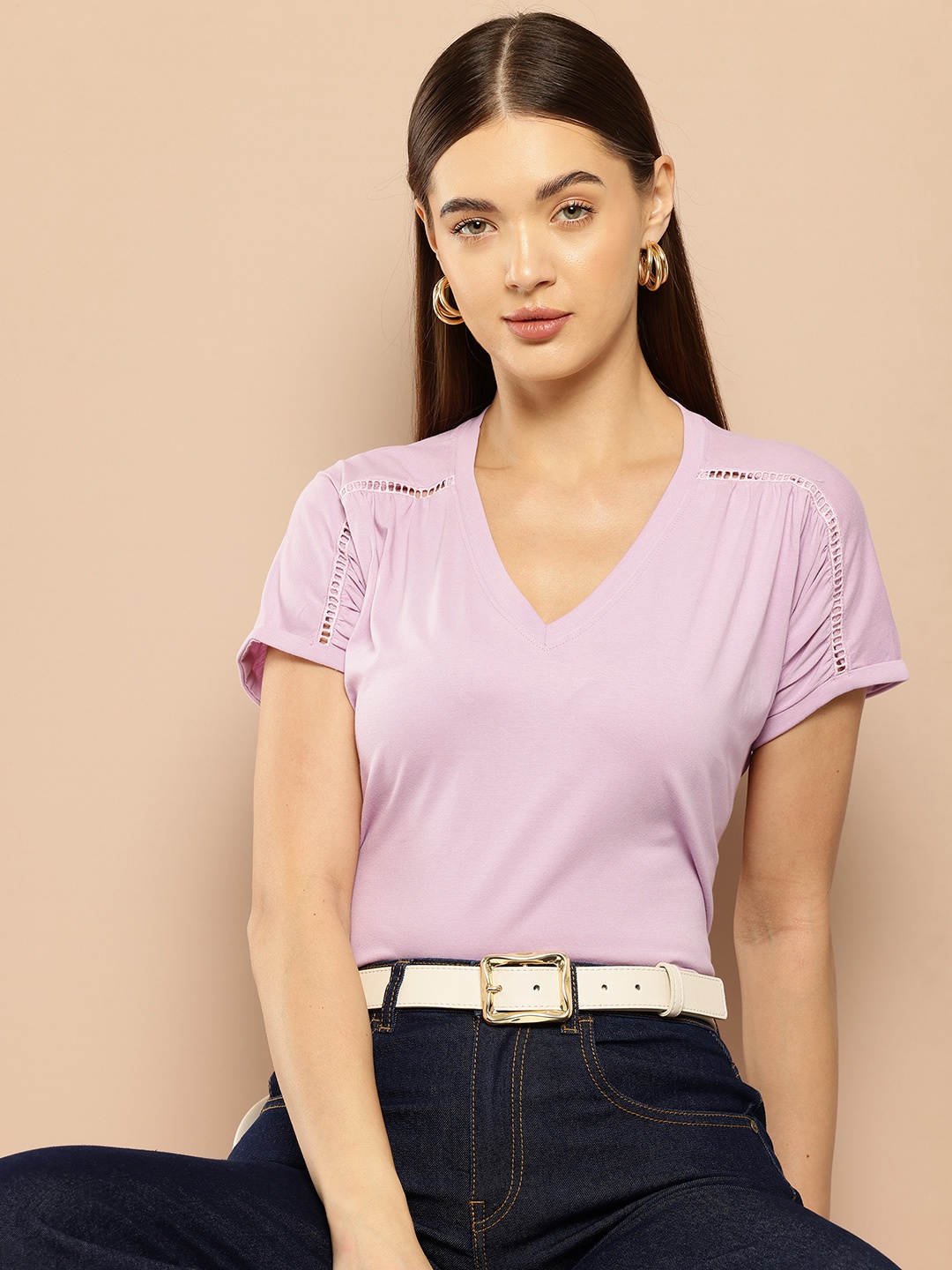 

Chemistry V-Neck Extended Sleeves Pure Cotton T-shirt, Lavender