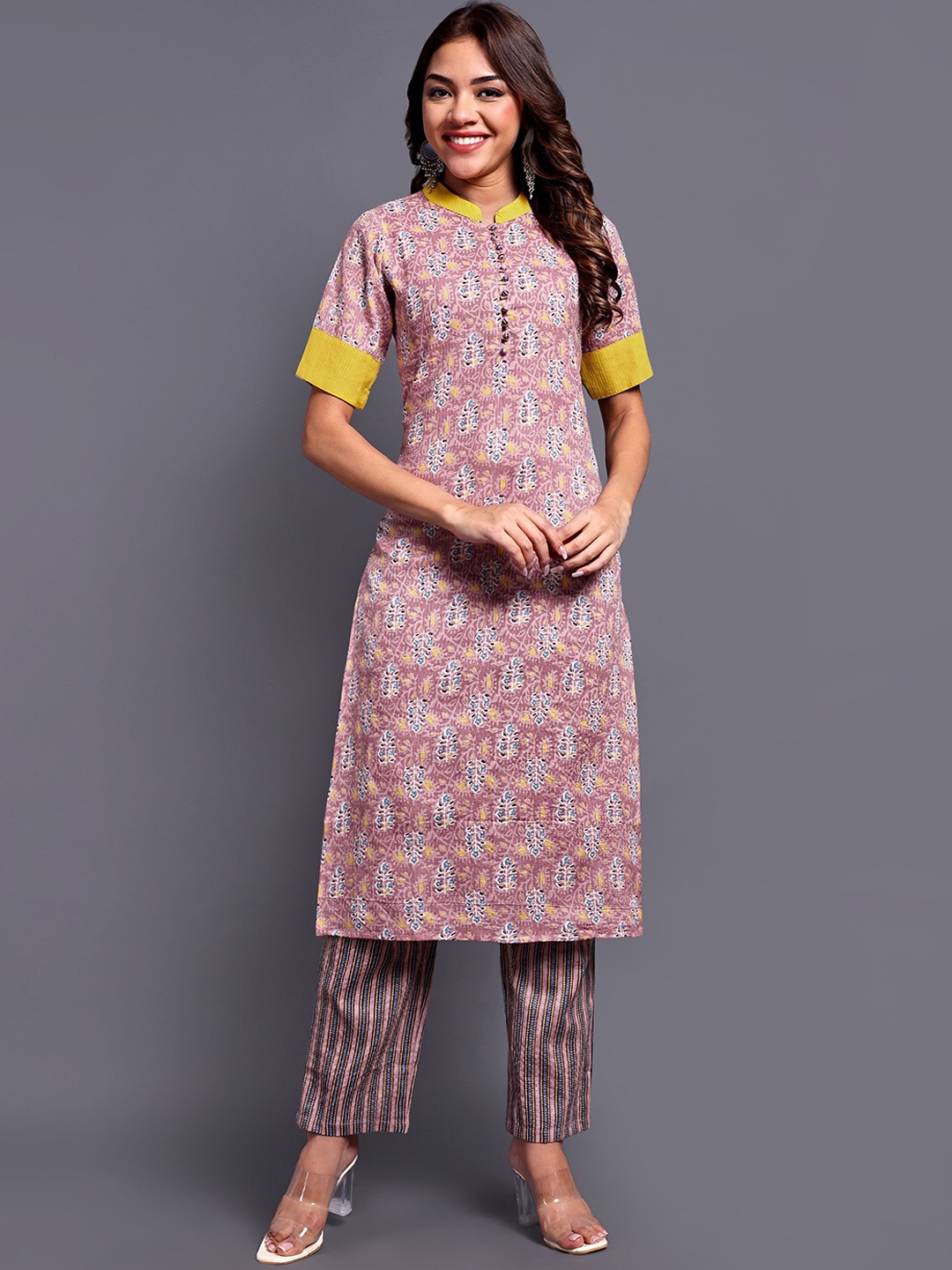 

Vastara the Label Floral Printed Thread Work Pure Cotton Straight Kurta with Trousers, Pink