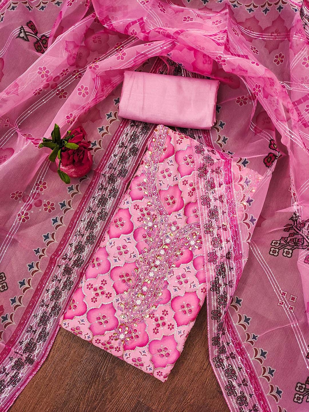 

Maroosh Floral Embroidered Sequinned Organza Unstitched Dress Material, Pink