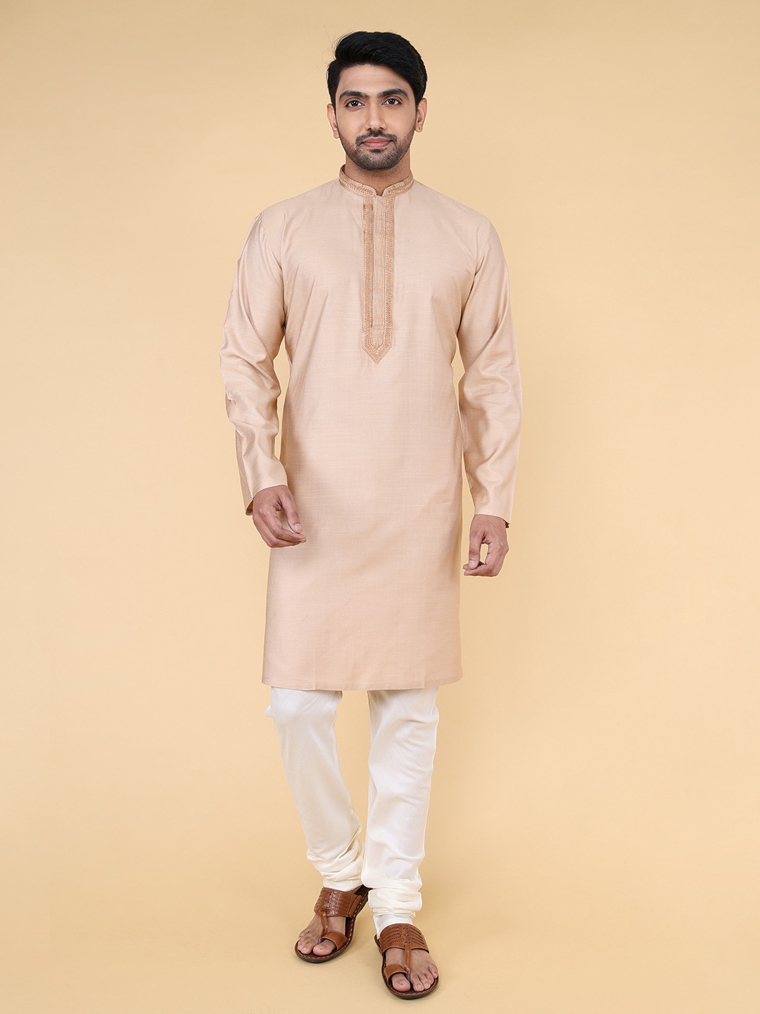 

ZOIS Embroidered Mandarin Collar Khadi Silk Straight Kurta, Beige