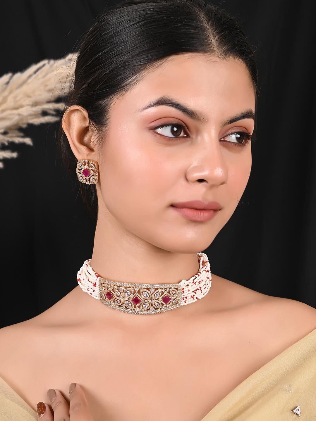 

RATNAVALI JEWELS Gold-Plated AD Studded Jewellery Set