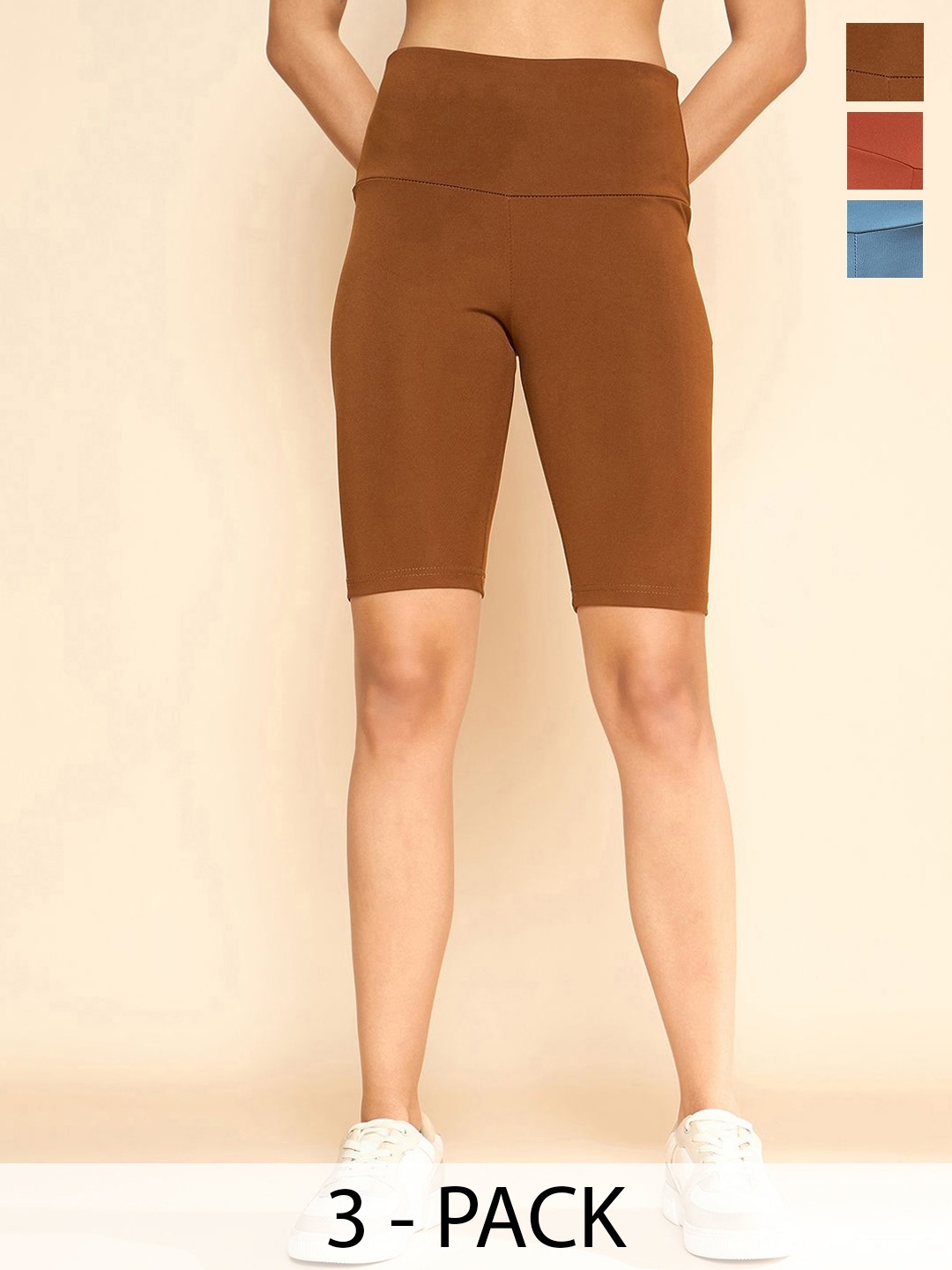

COLOR CAPITAL Women Pack Of 3 Antimicrobial High Rise Above Knee Cycling Tights, Coffee brown