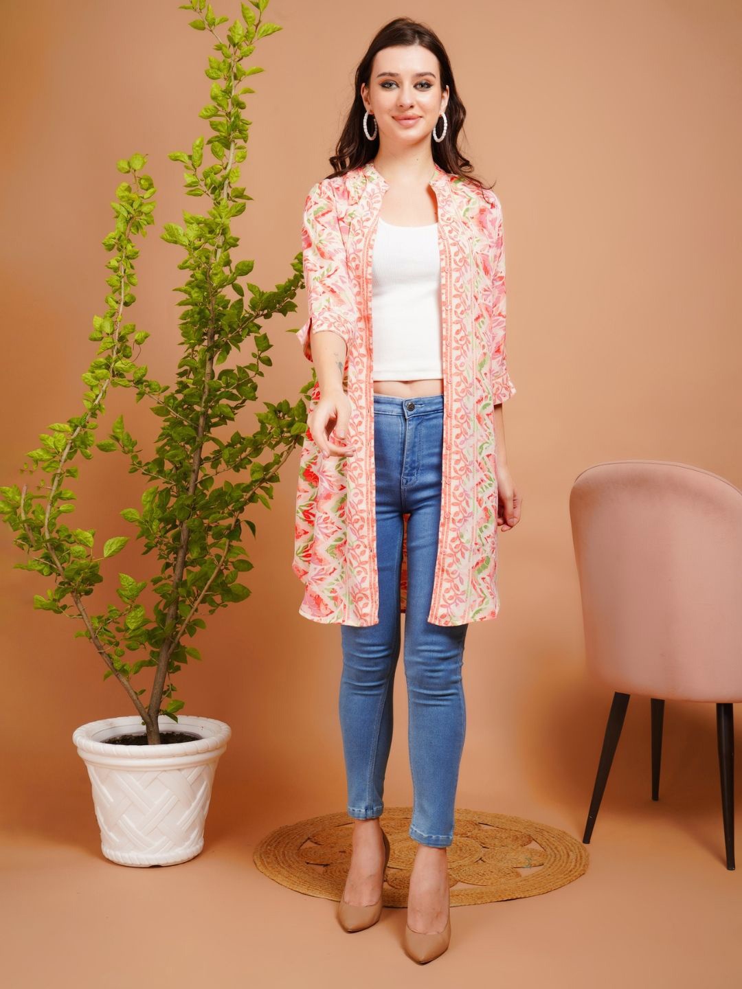 

Boholyfe Floral Printed Longline Shrug, Peach