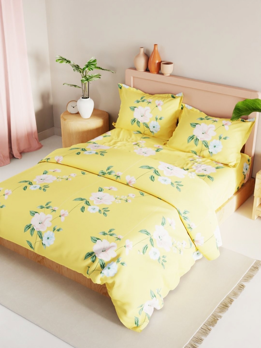 

KOPA Yellow & White 4 Pieces Floral Printed Microfiber Double Queen Regular Bedding Set