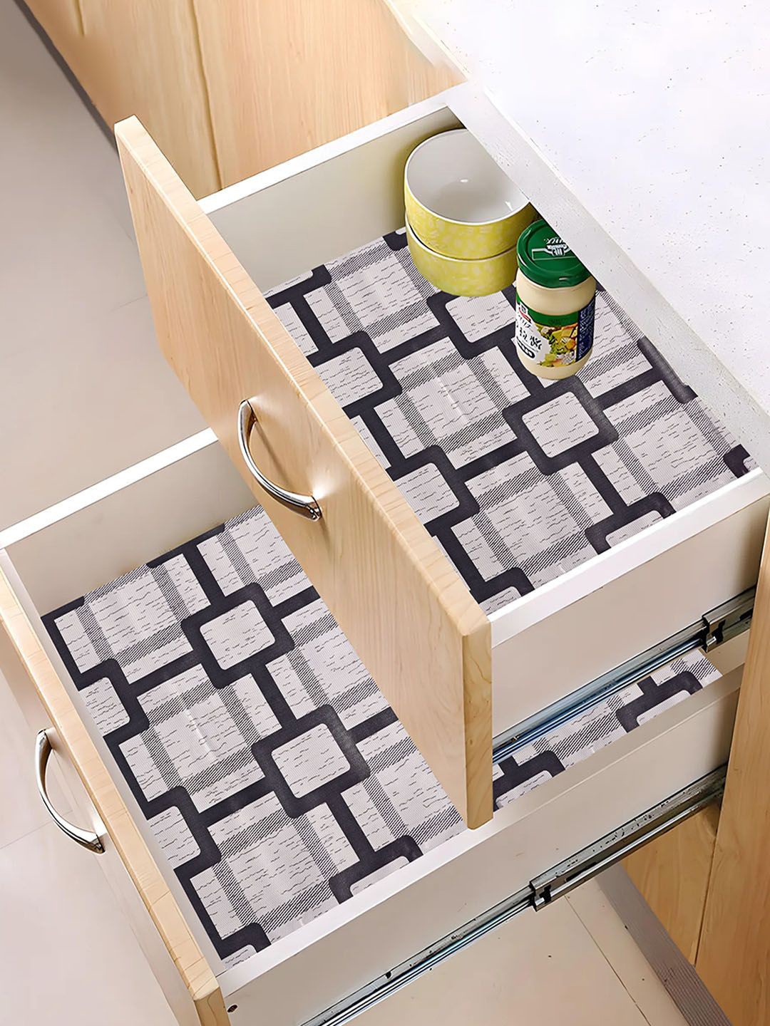 

Kuber Industries Grey & Black 3 Pieces Geometric Printed Shelf Liner Organisers