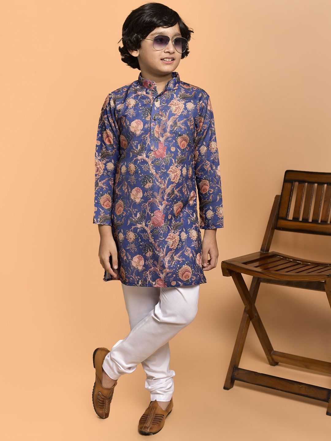 

PRINTCULTR Boys Floral Printed Band Collar Cotton Straight Kurta, Blue