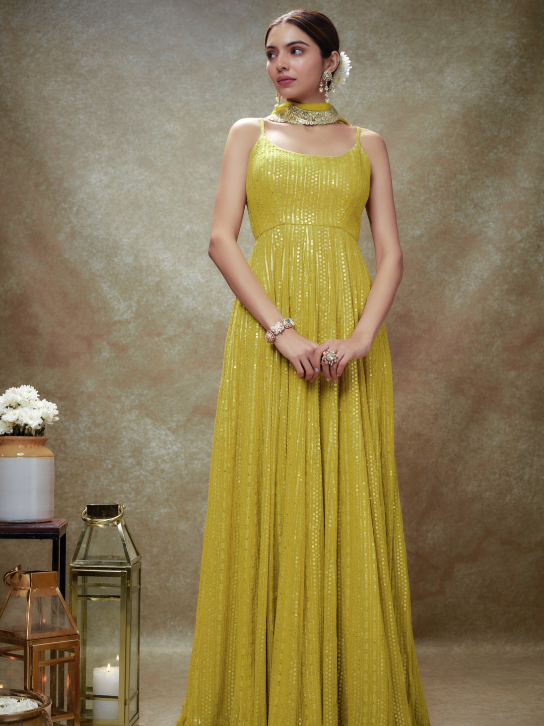 

Renee Label Embellished Shoulder Straps Sequinned Anarkali Ethnic Dress, Yellow