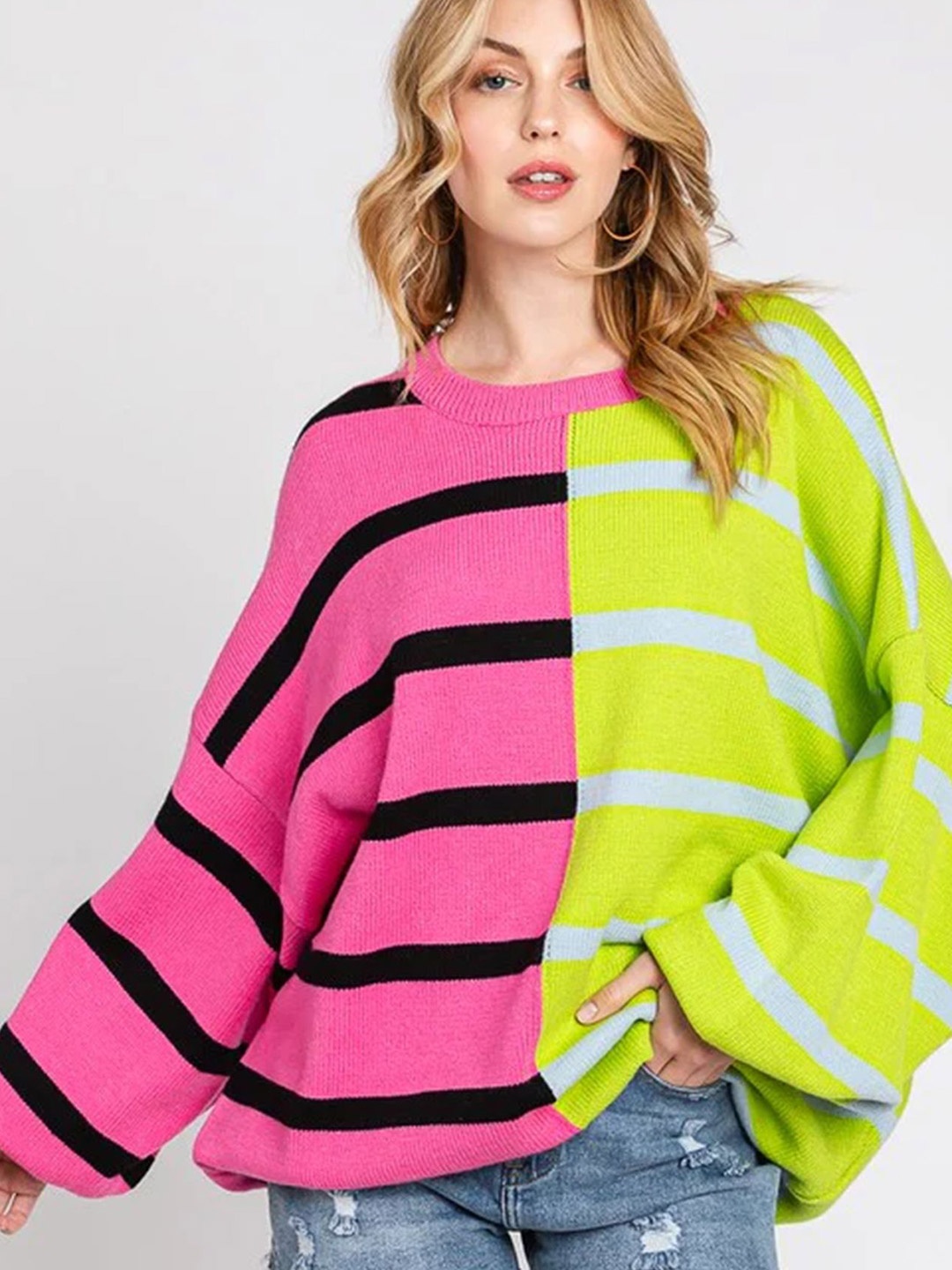 

LULU & SKY Women Colourblocked Round Neck Pullover Sweater, Yellow