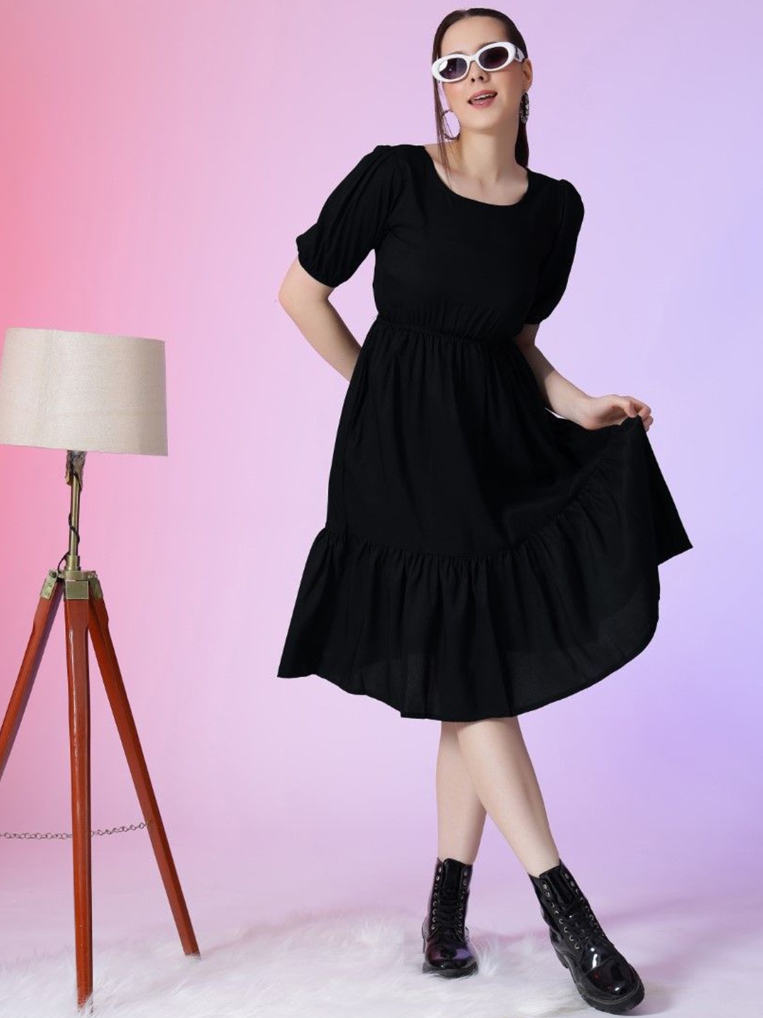 

Femvy Puff Sleeve Applique Fit & Flare Dress, Black