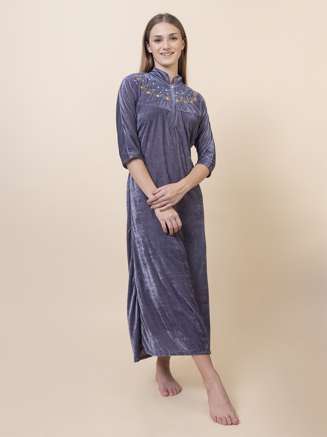 

AVYAY Floral Embroidered Maxi Nightdress, Grey