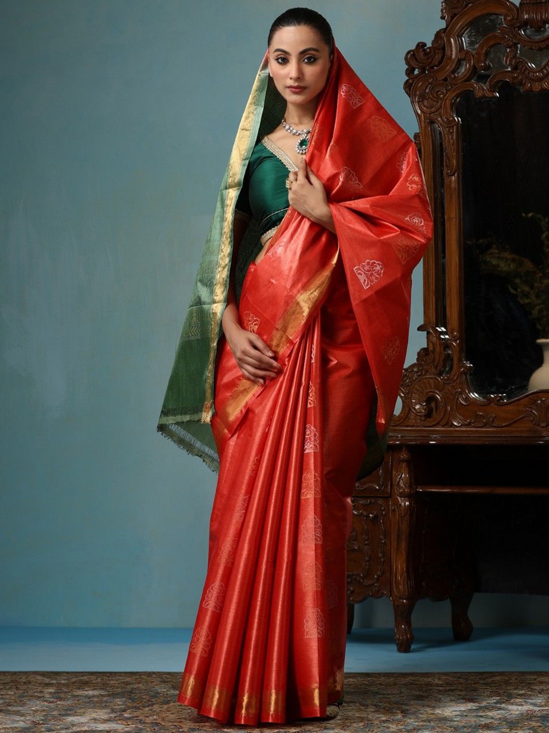 

DUSALA INDIA Woven Design Zari Silk Cotton Saree, Orange