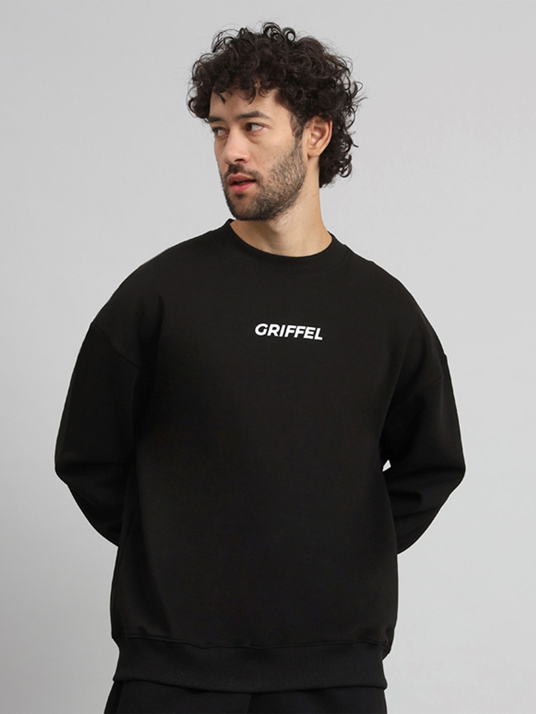 

GRIFFEL Men Typography Printed Round Neck Fleece Pullover Sweatshirt, Black