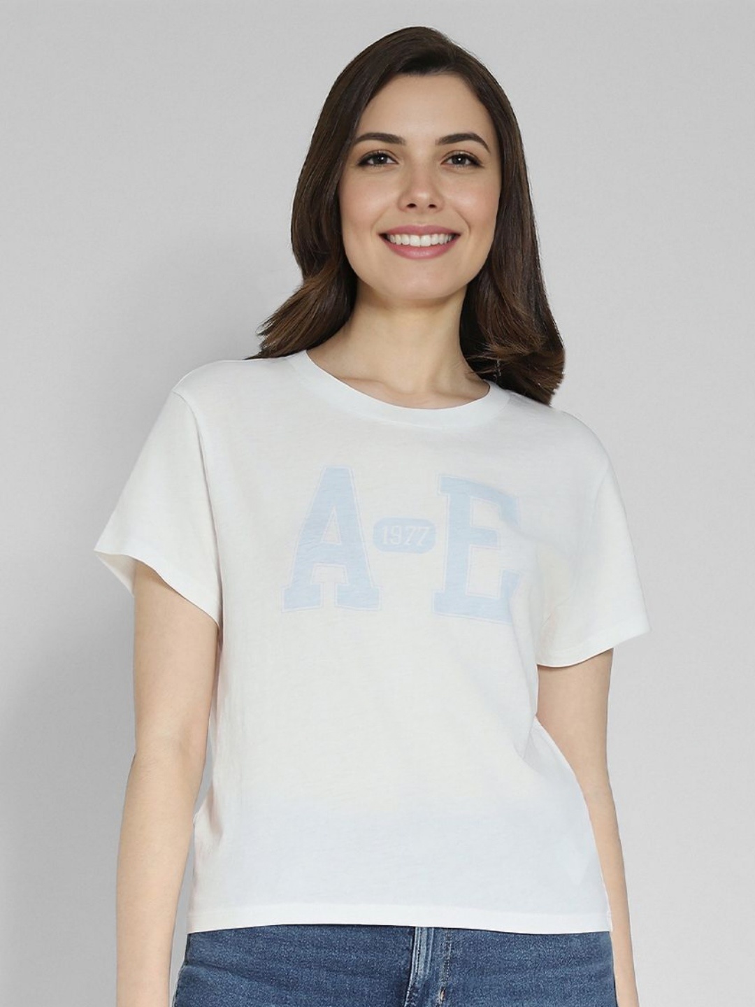 

AMERICAN EAGLE OUTFITTERS Women Typography Printed Round Neck Cotton T-shirt, White