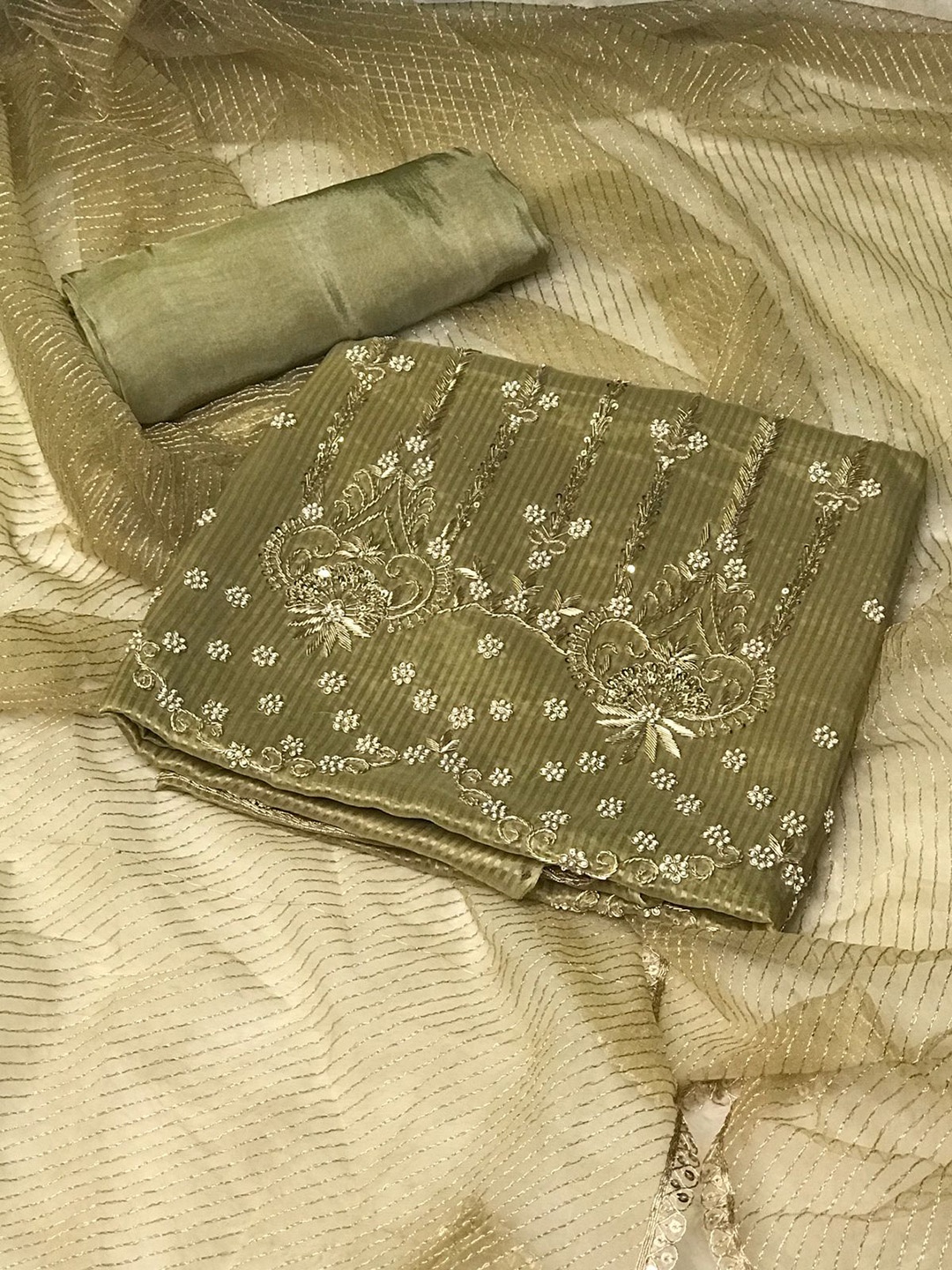 

ROOPKALA Embroidered Organza Unstitched Dress Material, Green