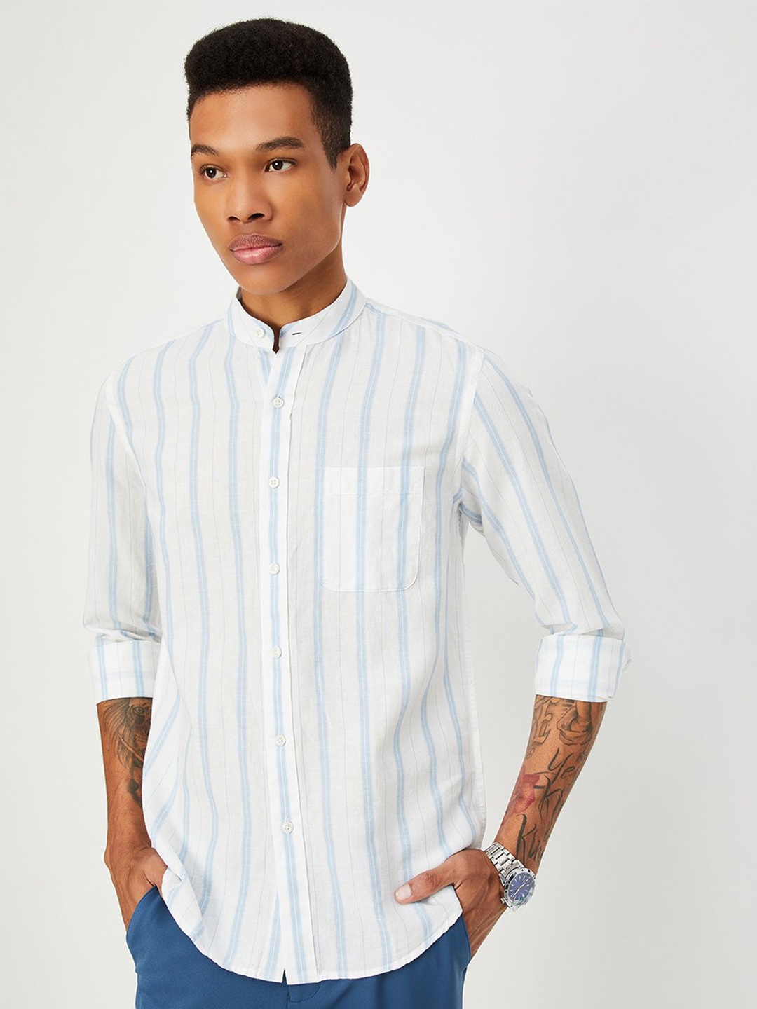 

max Men Mandarin Collar Vertical Striped Cotton Casual Shirt, White