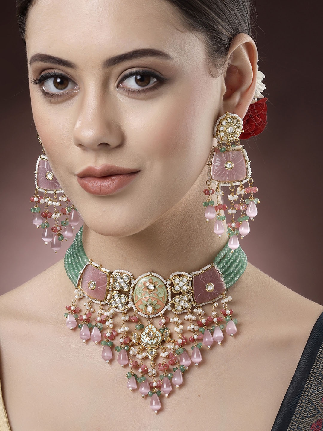 

KARATCART Gold-Plated Crystal Polki Kunda Stone -Studded Choker Jewellery Set