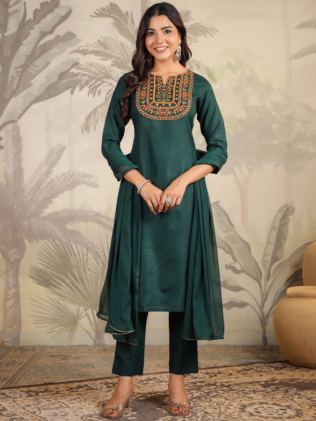

KALINI Floral Embroidered Sequinned Straight Kurta With Trouser & Dupatta, Green