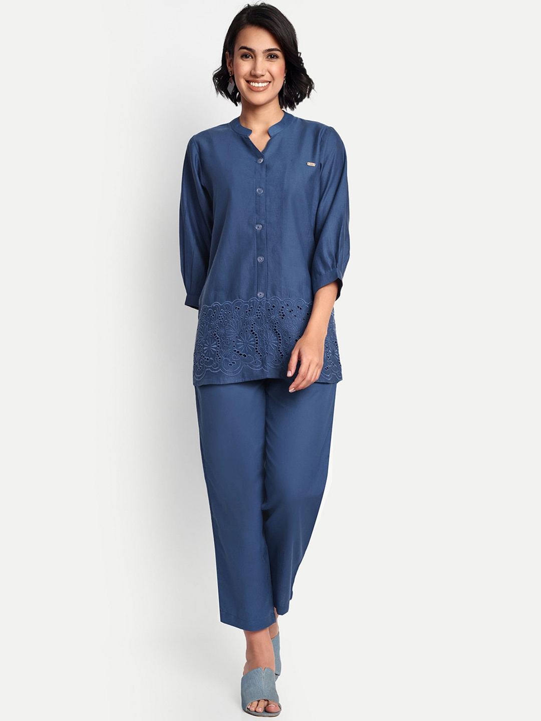 

GAB Women Embroidered Pure Cotton Tunic With Trousers Co-Ords, Blue