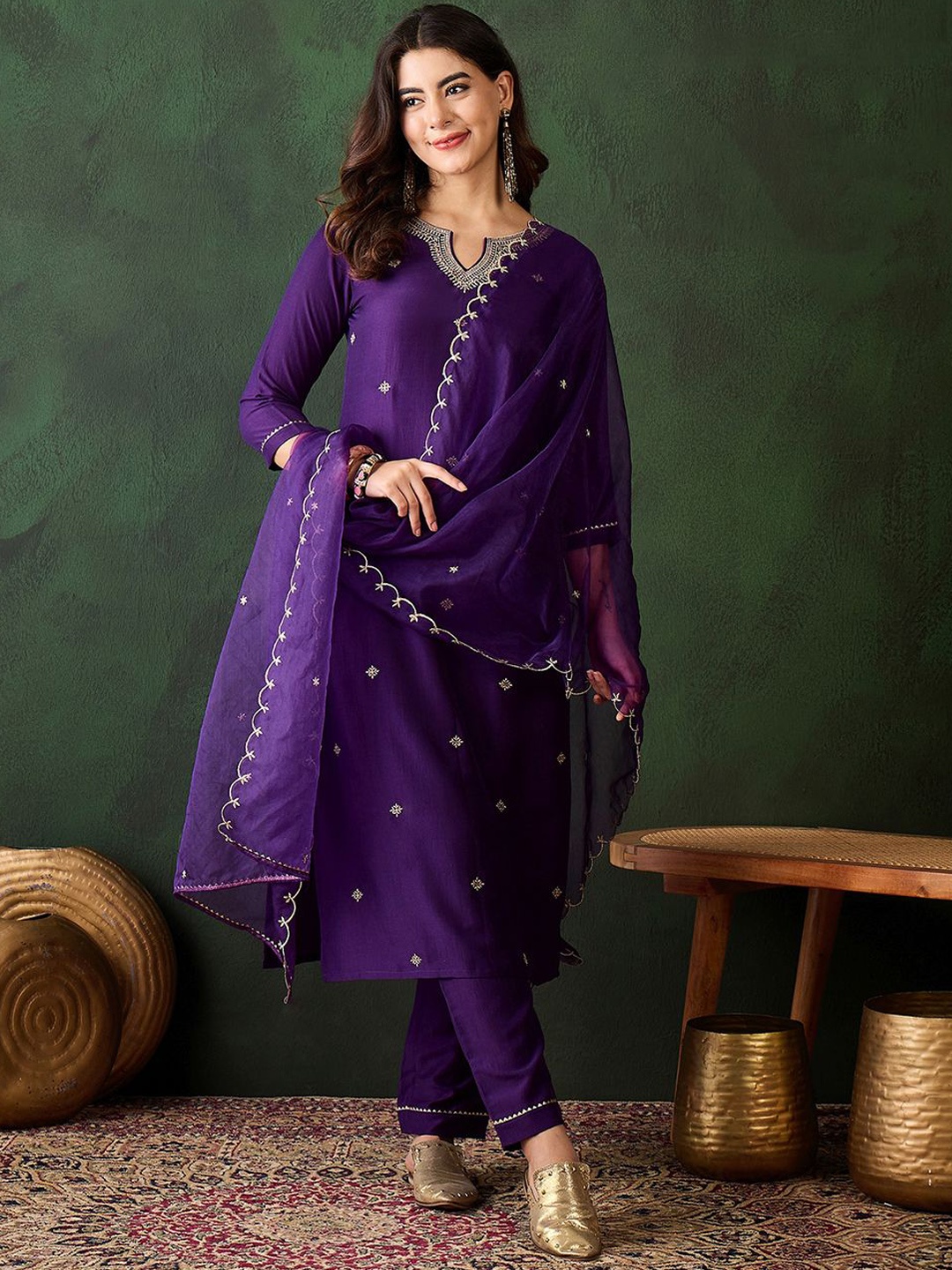 

Sangria Floral Embroidered Three-Quarter Sleeves Straight Kurta & Trouser & Dupatta, Purple