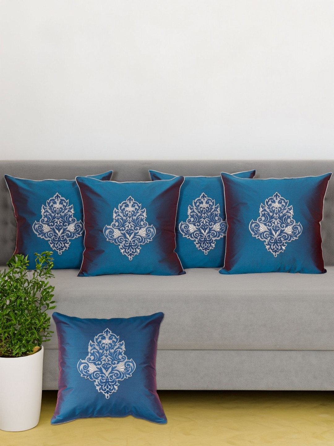 

ZEBA Blue & Grey 5 Pieces Ethnic Motifs Embroidered Square Cushion Covers