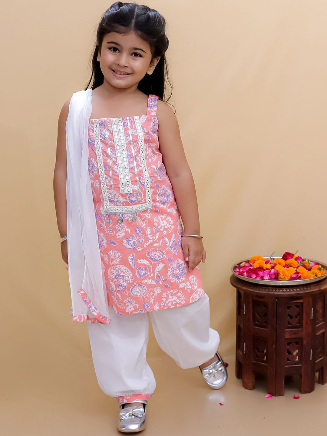 

Bold N Elegant Girls Floral Printed Pure Cotton Kurta with Salwar & With Dupatta, Peach