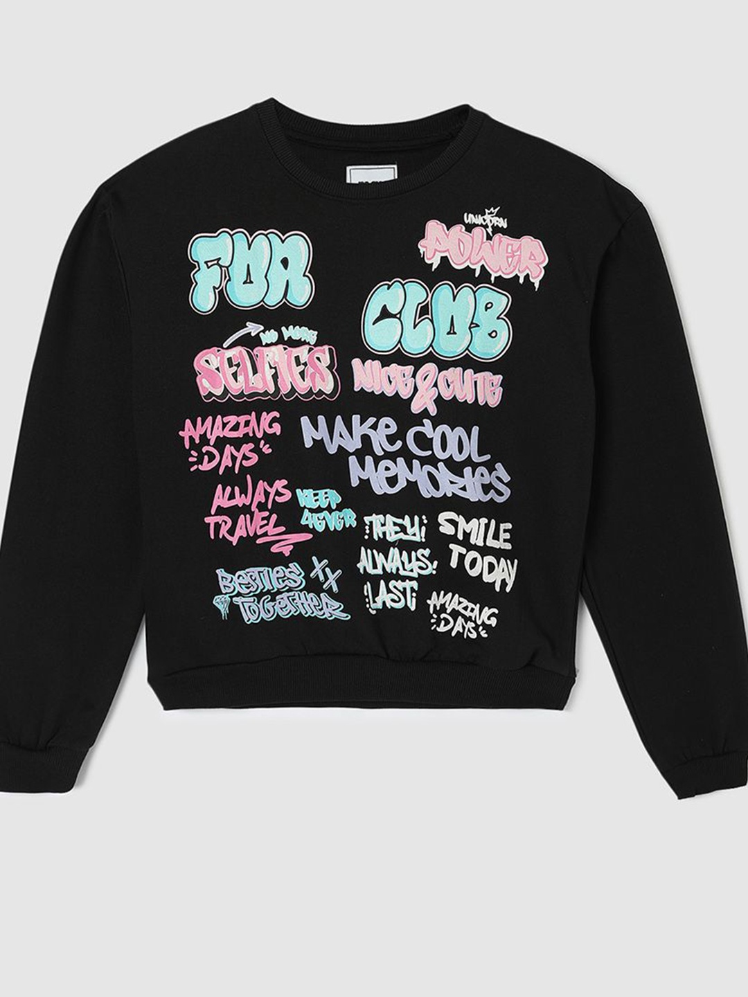 

max Girls Typography Printed Pullover Ribbed Sweatshirt, Black