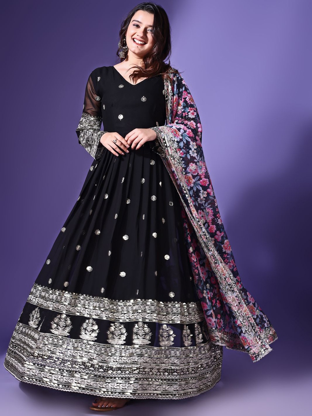 

KALINI Floral Embroidered Georgette Maxi Ethnic Dress With Dupatta, Black