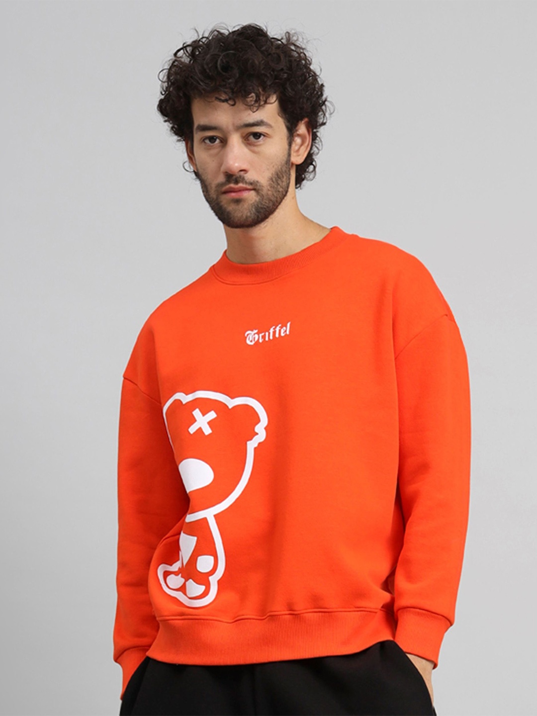 

GRIFFEL Men Graphic Printed Round Neck Fleece Pullover Sweatshirt, Orange