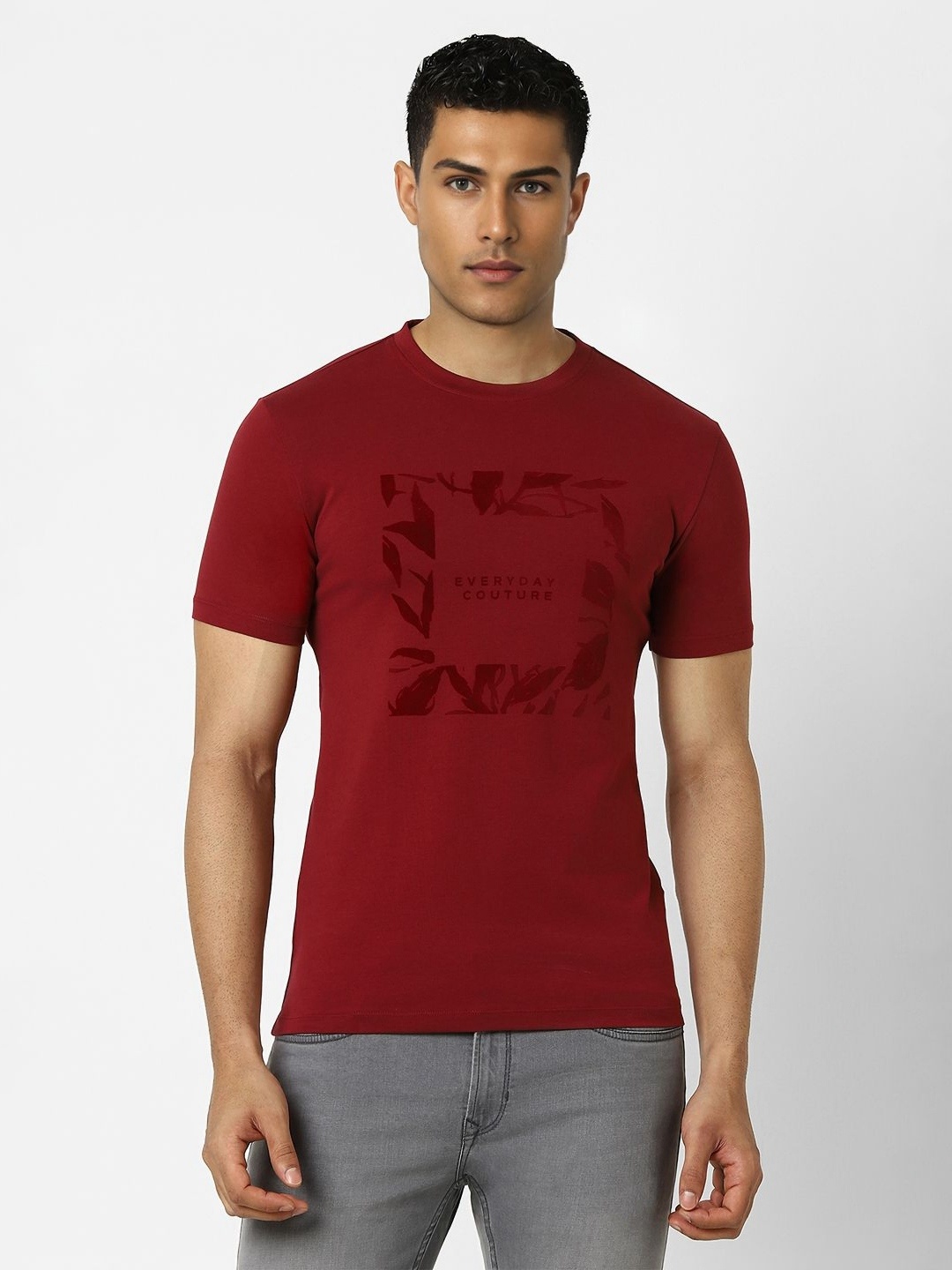 

V Dot Men Graphic Printed Round Neck Cotton Slim Fit T-shirt, Maroon