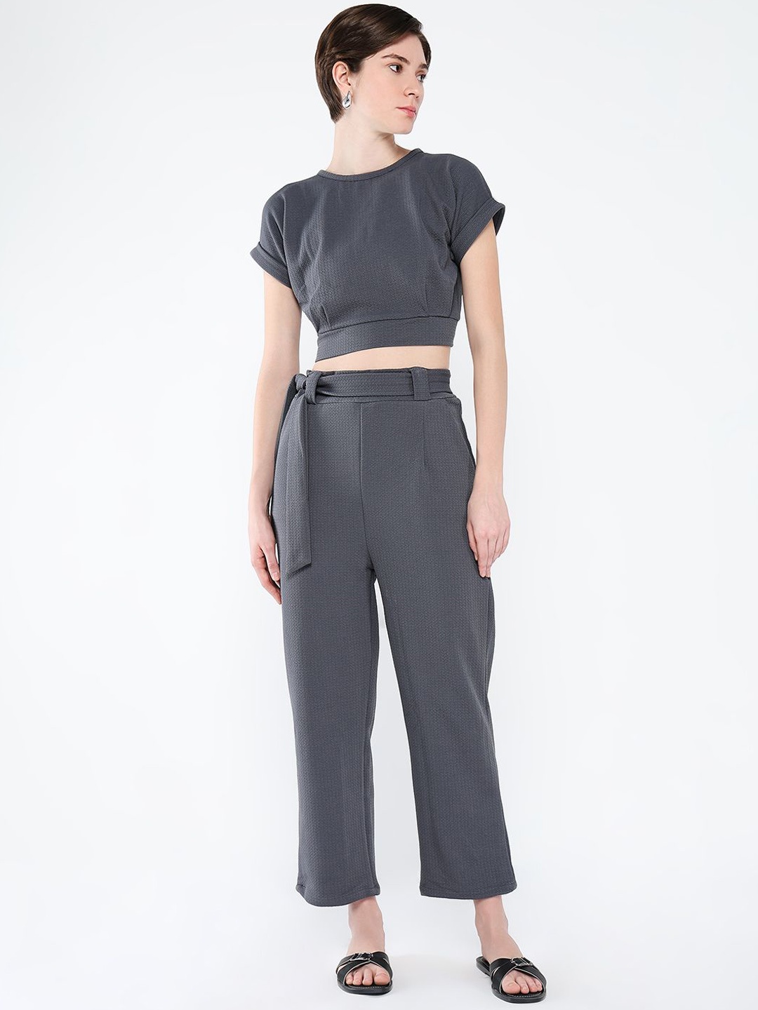 

SHOWOFF Boat Neck Short Sleeves Top & Trousers With Belt Co-Ords, Grey