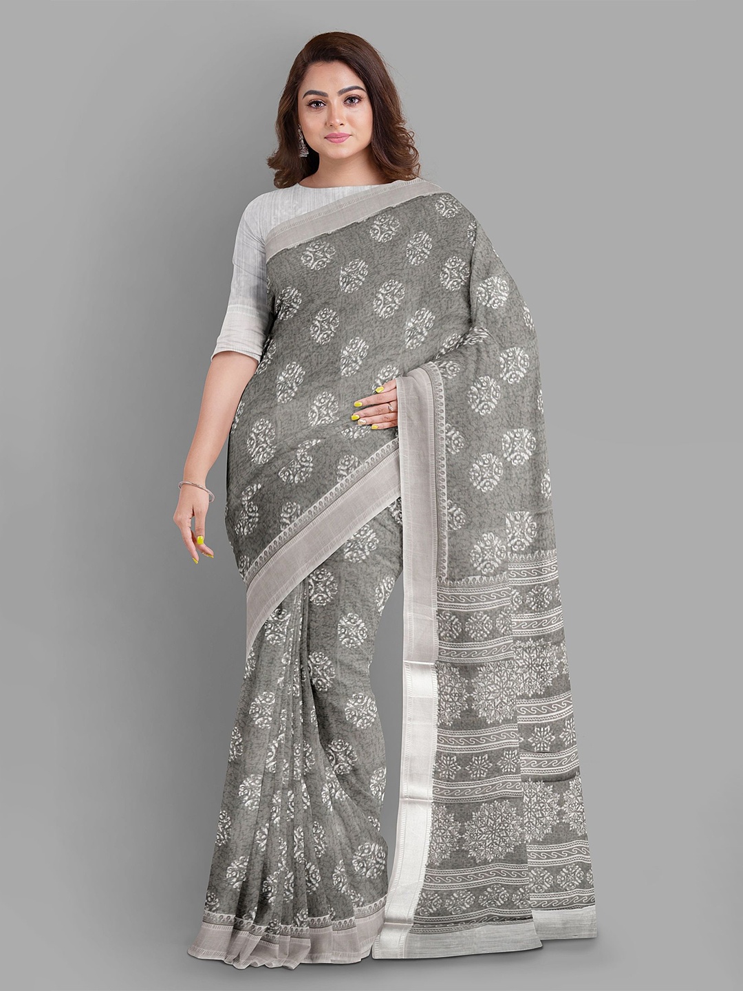 

The Chennai Silks Ethnic Motifs Zari Pure Cotton Chanderi Saree, Grey