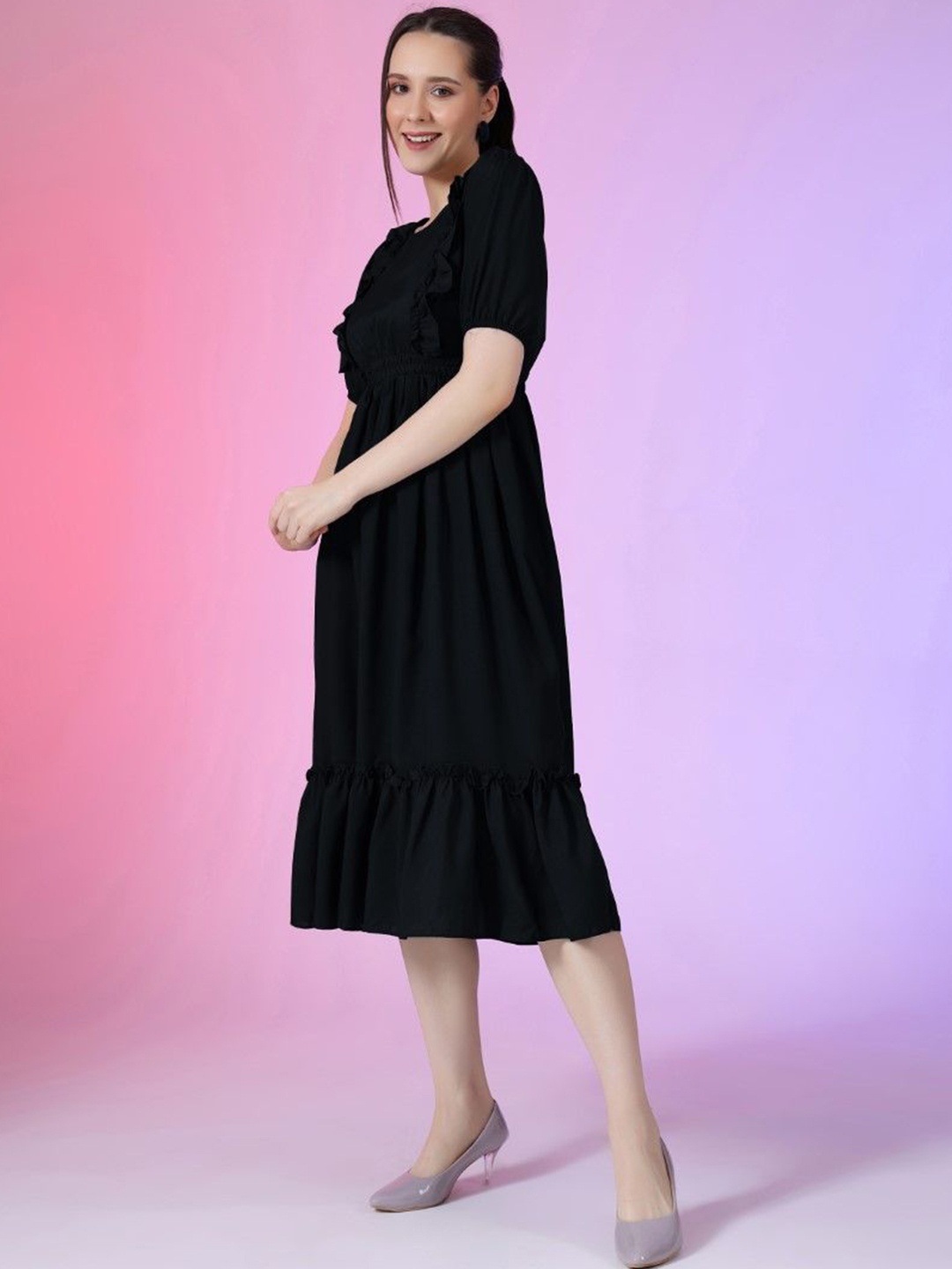 

Raiyani Enterprise Women Puff Sleeves Fit & Flare Midi Dress, Black