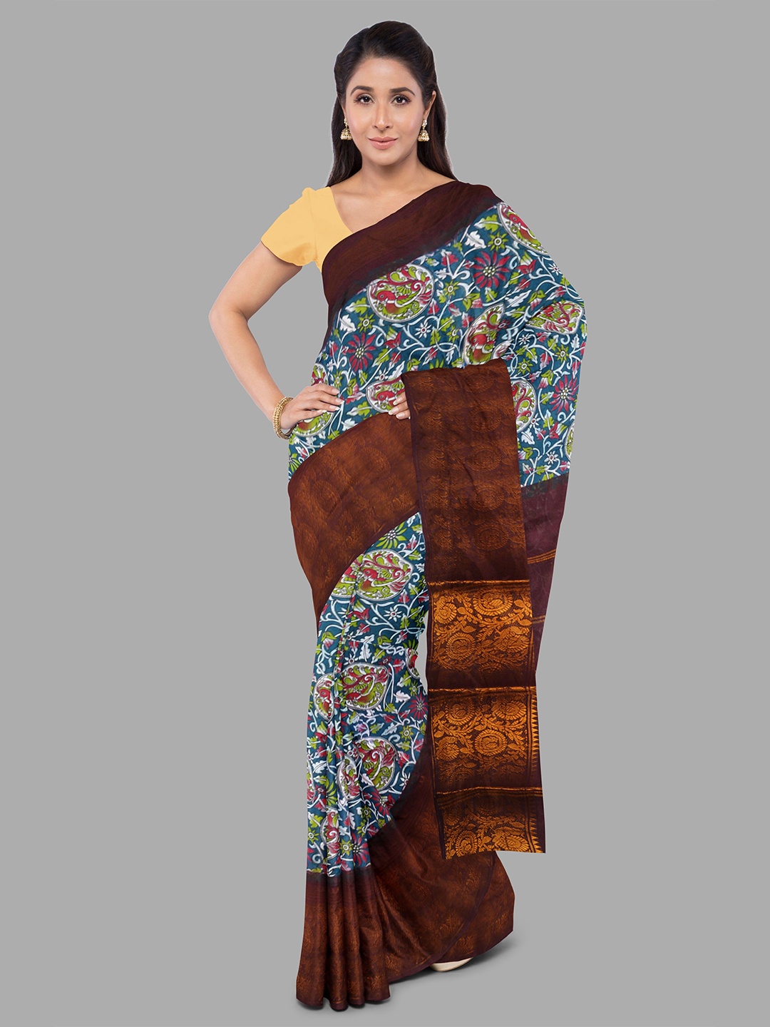 

The Chennai Silks Kalamkari Zari Pure Cotton women Sungudi Saree, Teal