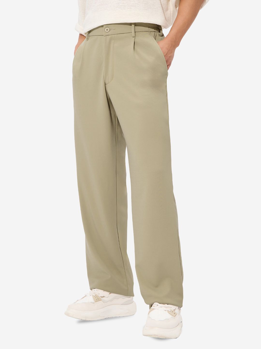 

The Souled Store Men Mid-Rise Straight Fit Pleated Trousers, Green