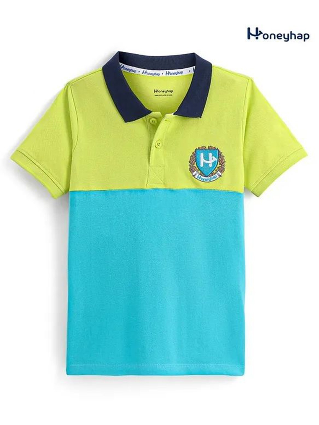 

Honeyhap Boys Colourblocked Polo Collar Cotton T-shirt, Lime green