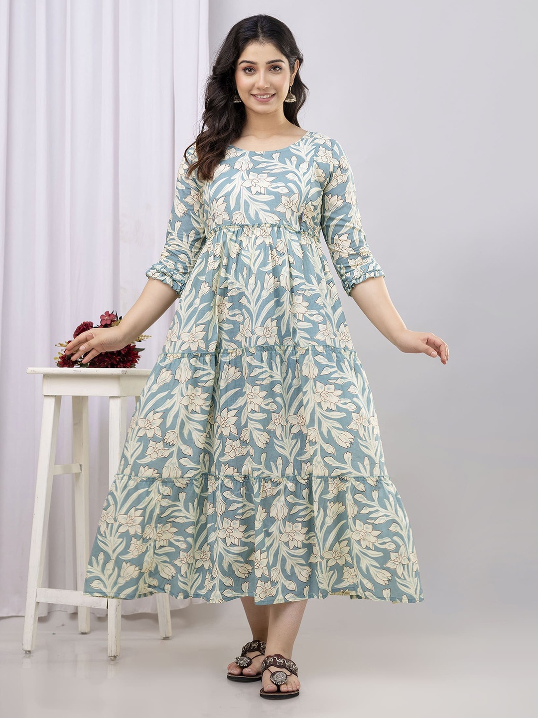 

VARICOS Floral Printed Pure Cotton Maternity Fit and Flare Midi Dresses, Green