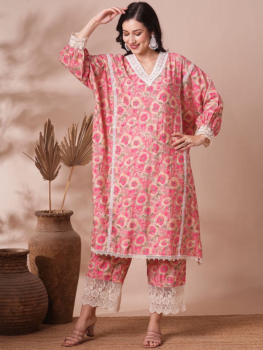 

FASHOR Printed Tunic With Palazzo Co-Ords, Pink