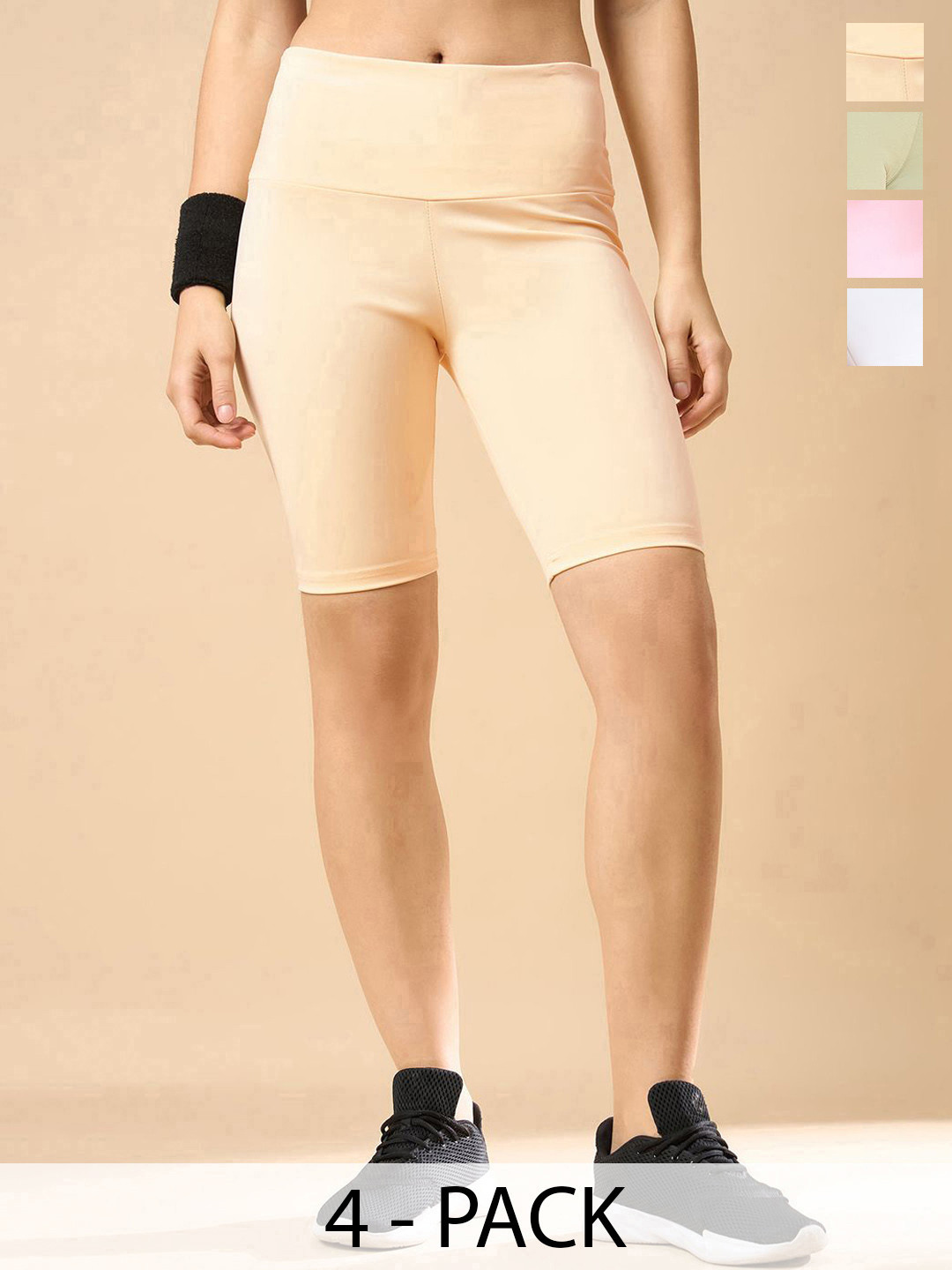 

COLOR CAPITAL Pack Of 4 High Rise Above Knee Gym Tights, Cream