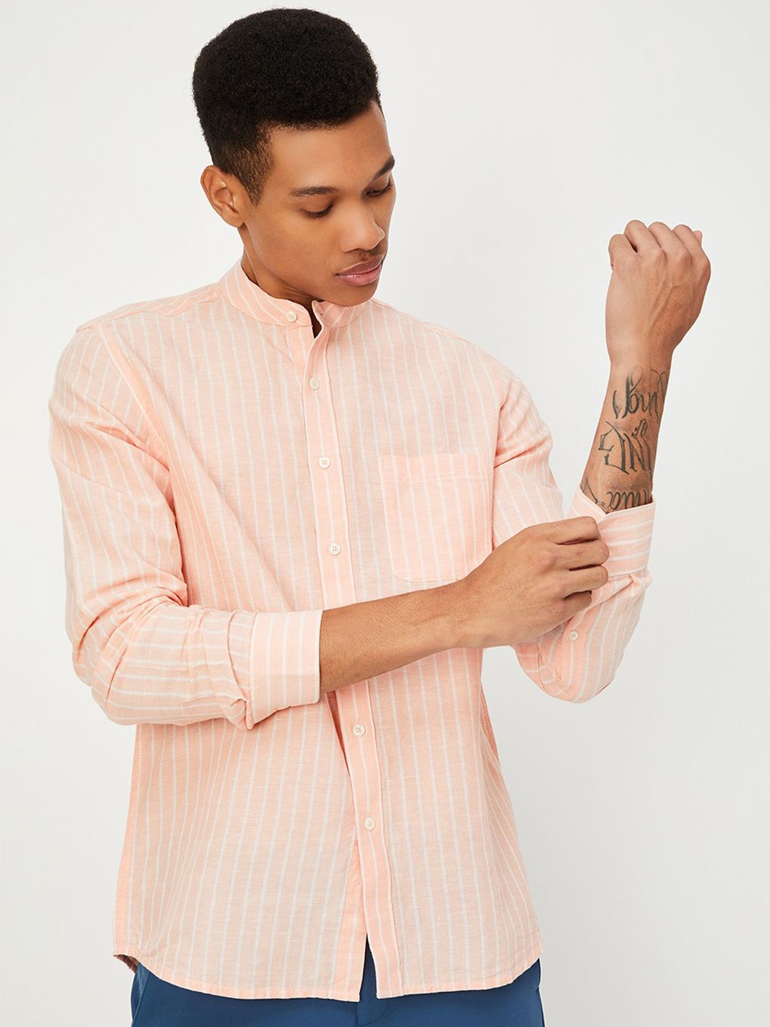 

max Men Mandarin Collar Vertical Striped Cotton Casual Shirt, Orange