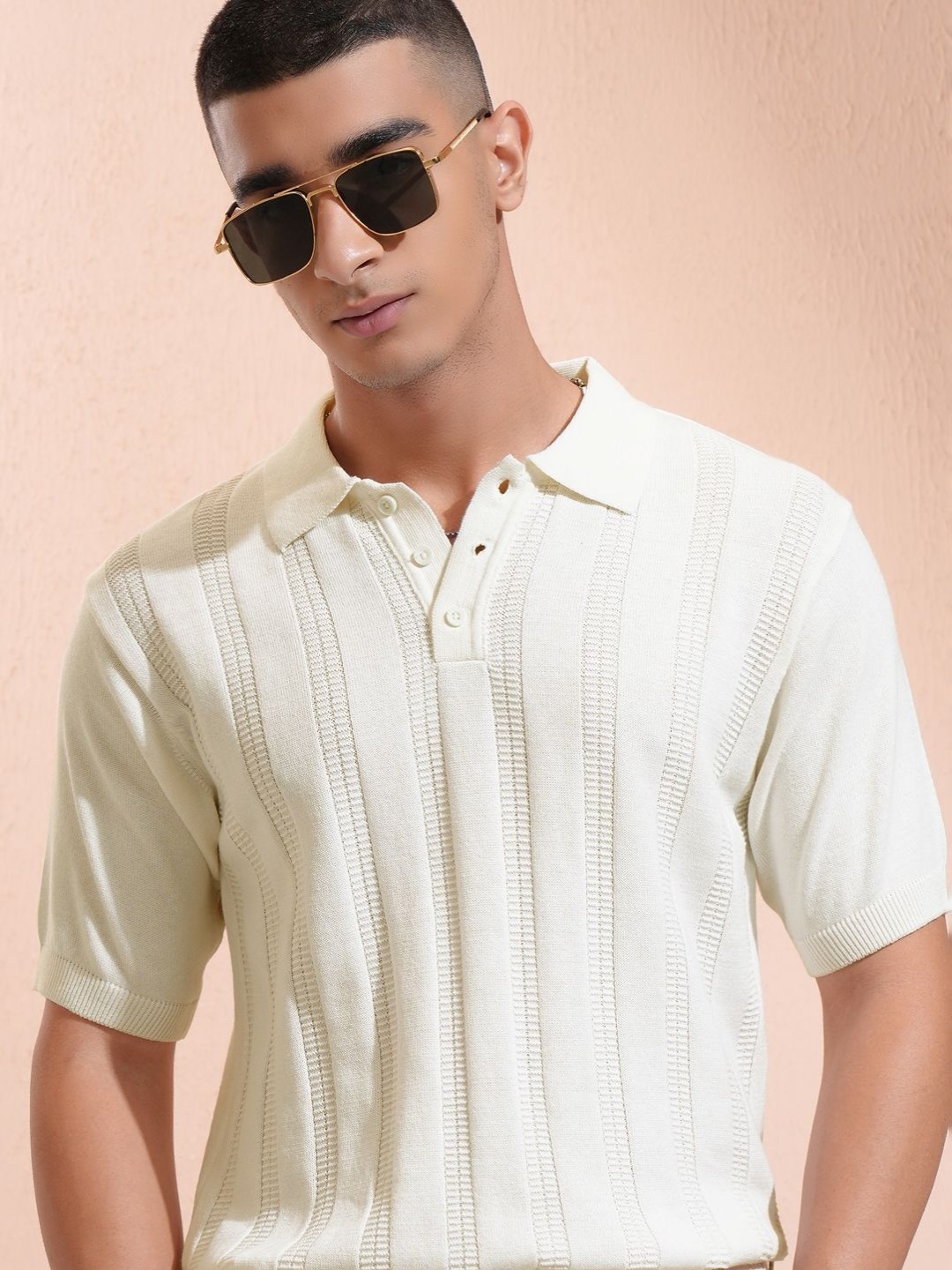 

HIGHLANDER Men Self Design Polo Collar Cotton Relaxed Fit T-shirt, Off white